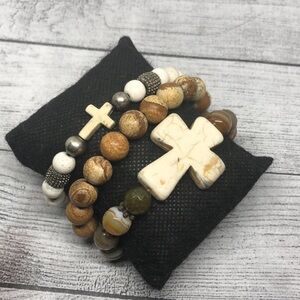 Curated bundle lot 3 roll on/stretch stone bracelets religious cross